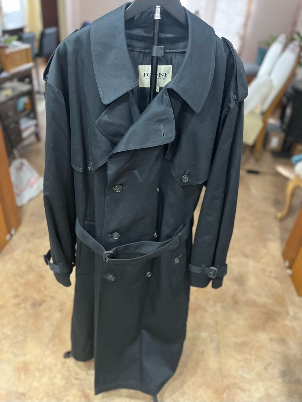 Togane Black Double-Breasted Trench Coat with Belt